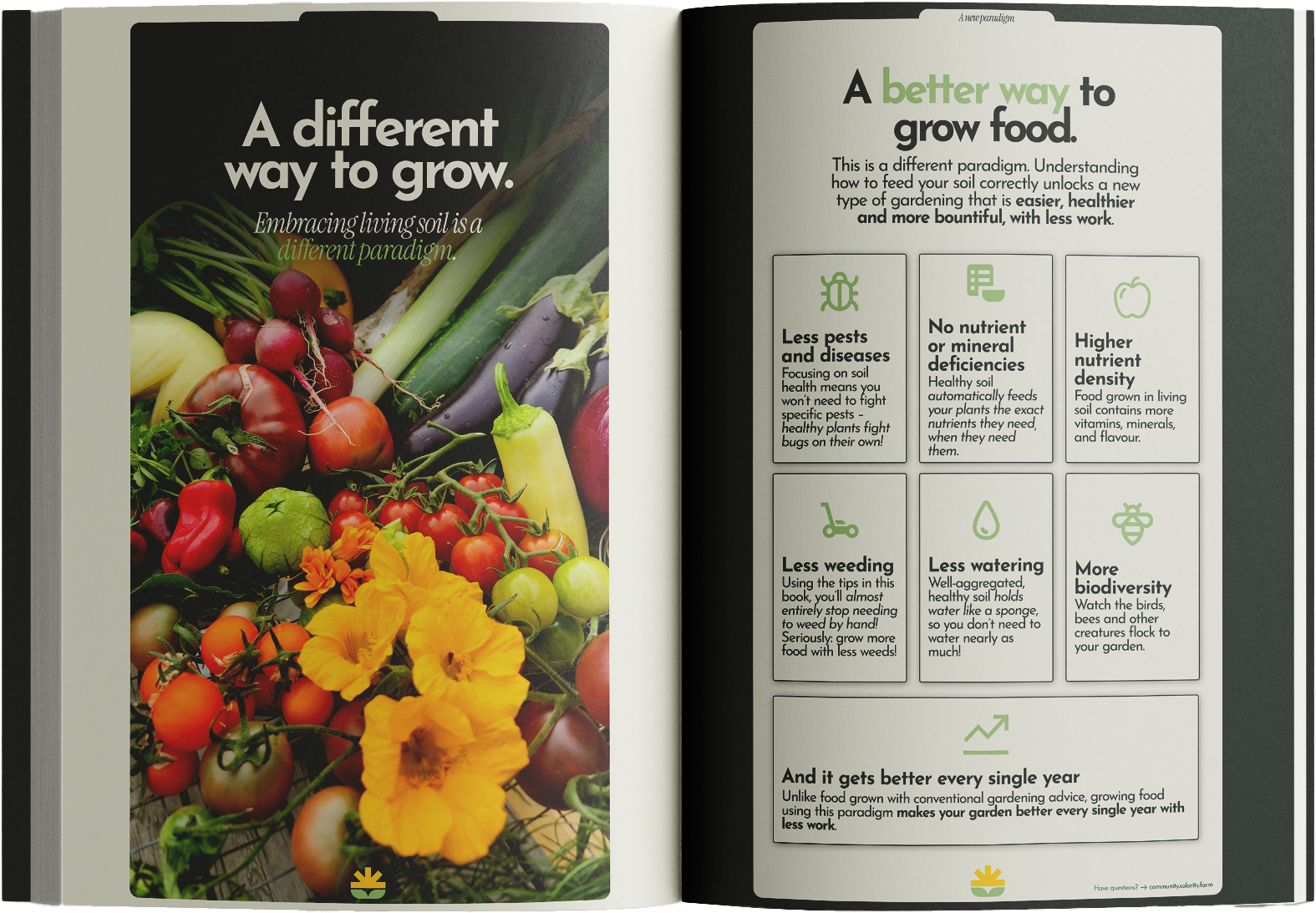 Pages from the How to Build Amazing Soil guide explaining the benefits of healthy soil